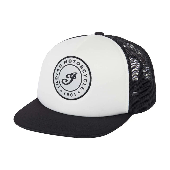 Black &amp; White Script Flat Peak Cap with Trucker Hat Front