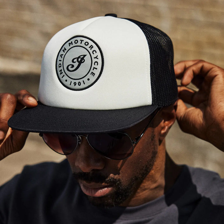Black &amp; White Script Flat Peak Cap with Trucker Hat Front