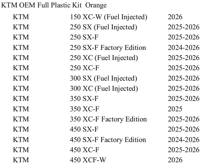 KTM Plastic Parts Body Kit Electronic Orange Fairing Set New