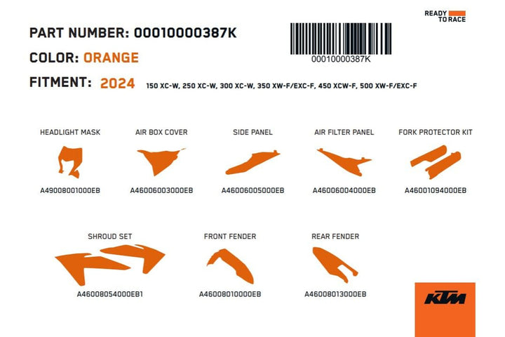 KTM Orange Enduro Dirt Bike Plastic Kit Bodywork